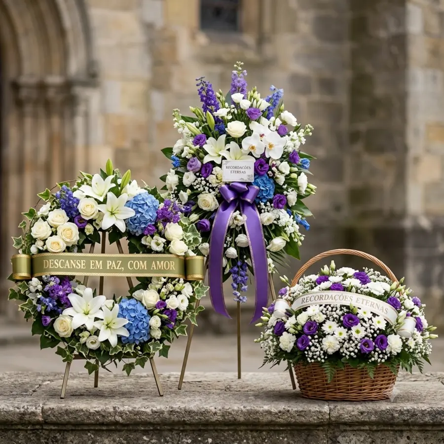 Enfeites fúnebres com flores brancas, azuis e roxas